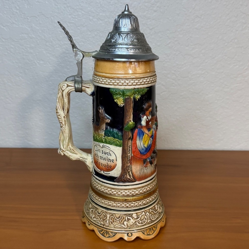 Vintage German Beer Stein Music Box Lidded Ceramic Relief Tavern Scene Hunter